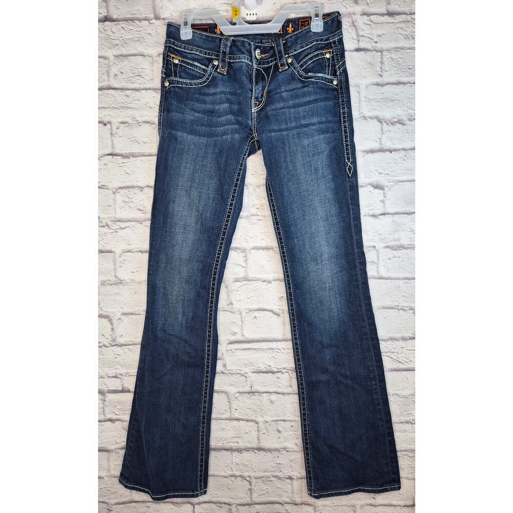 Rock Revival Stephanie Bootcut Jeans Size 29 Flap Pocket Y2K Thick Stitch Blue